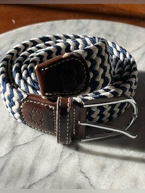 Roostas “Cape Cod” Navy Blue & White Woven Stretch Belt, Medium 33-38”